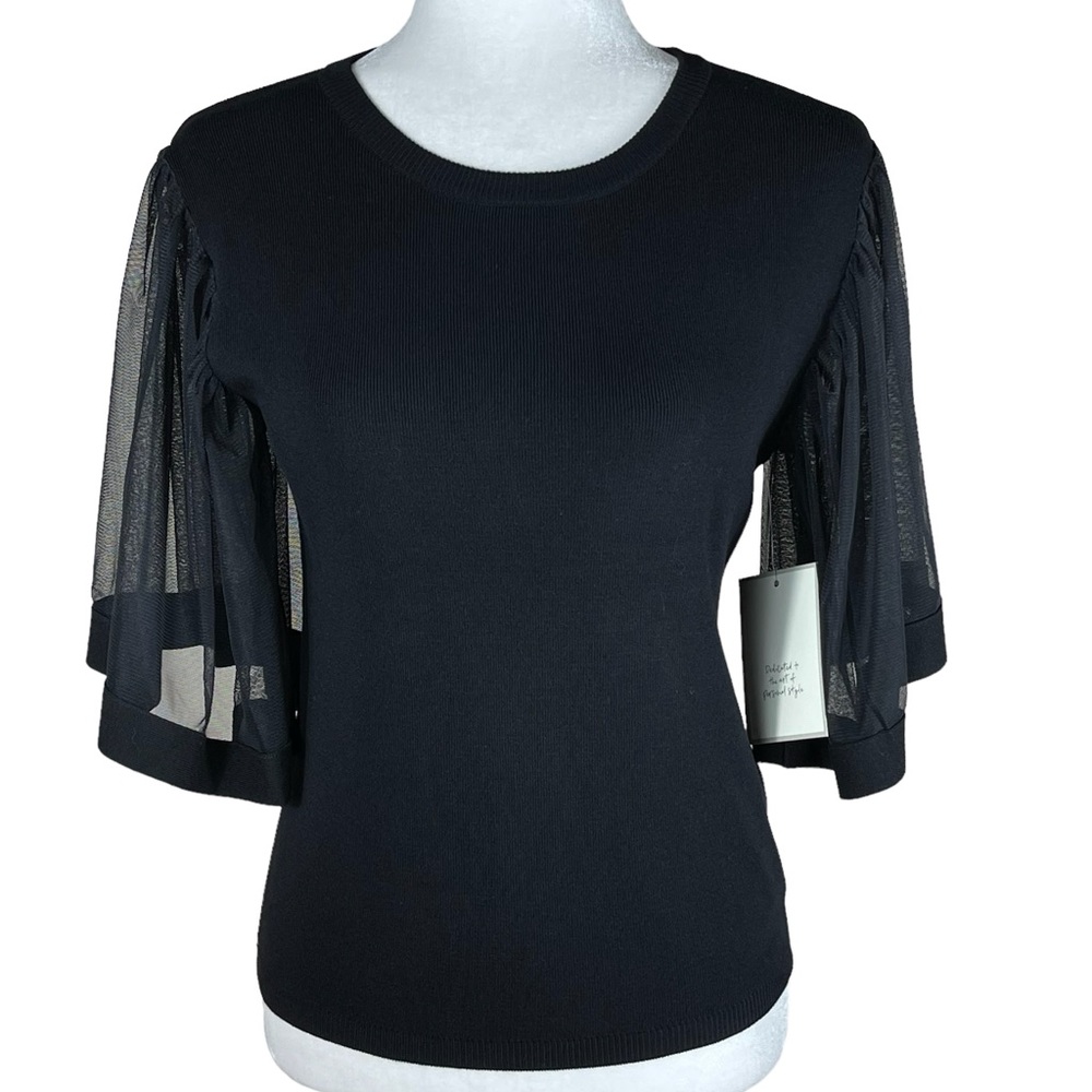 CALLIGRAPHIE BLACK SHEER FLUTTER SLEEVE KNIT TOP SMALL NWT